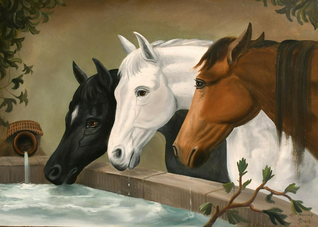 After Herring, 'Horses Watering at the Trough', oil on: After Herring, 'Horses Watering at the Trough', oil on board, signed, 21" x 30".