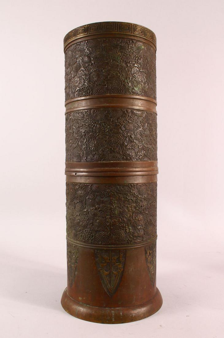 A LARGE JAPANESE CYLINDRICAL BRONZE RELIEF VASE, with (1 of 4)