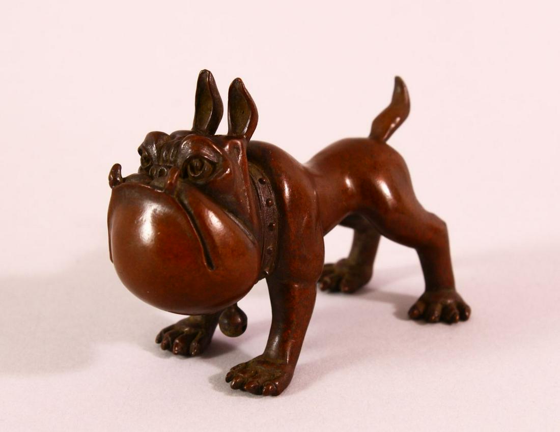 A JAPANESE BRONZE FIGURE OF A DOG - bell to collar and: A JAPANESE BRONZE FIGURE OF A DOG - bell to collar and seal to belly, 9cm