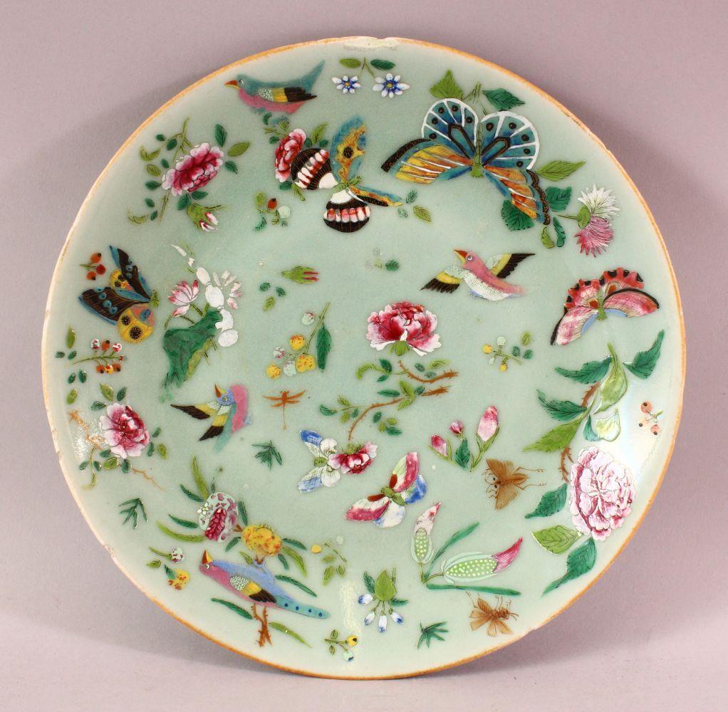 A 19TH CENTURY CHINESE CELADON FAMILLE ROSE PORCELAIN: A 19TH CENTURY CHINESE CELADON FAMILLE ROSE PORCELAIN PLATE, With decoration of birds, flowers and butterflies, the underside with a seal mark, 26cm