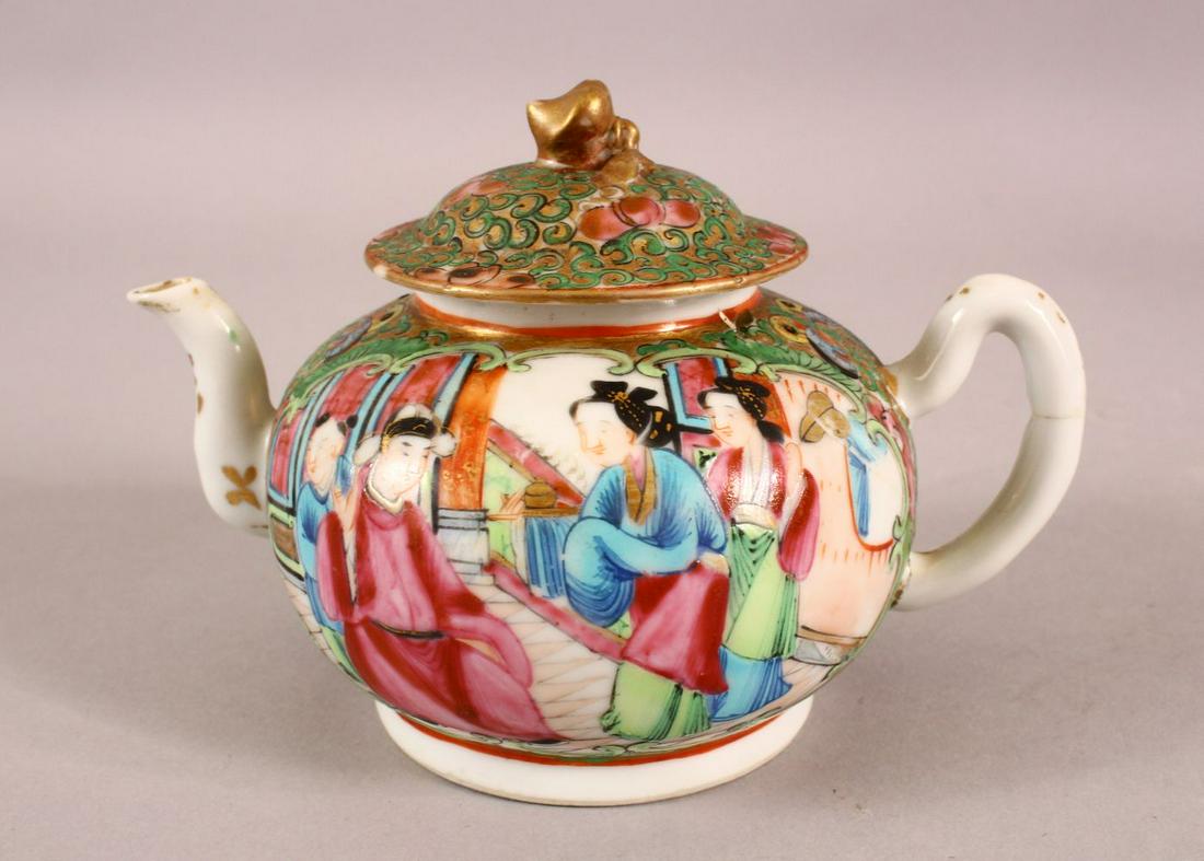 A 19TH CENTURY CHINESE CANTON FAMILLE ROSE PORCELAIN: A 19TH CENTURY CHINESE CANTON FAMILLE ROSE PORCELAIN TEA POT - decorated with panels of figures and butterflies birds and foliage - 14cm wide - glued body