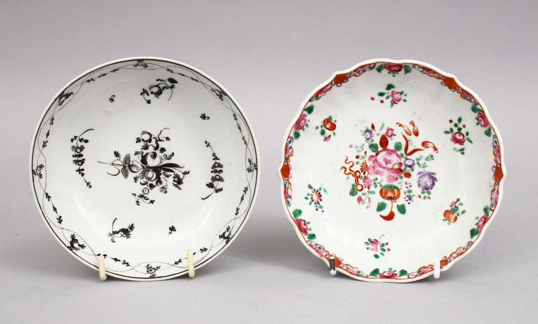 TWO 18TH CENTURY CHINESE PORCELAIN SAUCERS, One: TWO 18TH CENTURY CHINESE PORCELAIN SAUCERS, One decorated in famille rose, the other grisaille, 12.5cm.