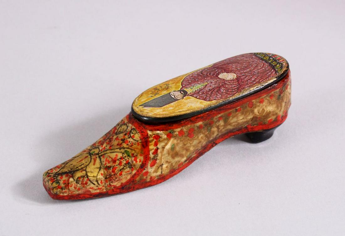 AN UNUSUAL PERSIAN LACQUER PAPIER MACHE SHOE SHAPED (1 of 4)