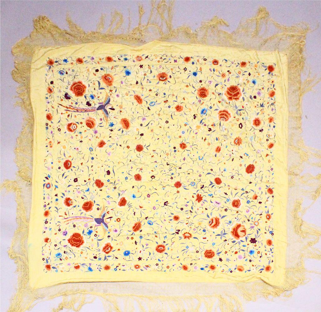 A FLORAL EMBOIDERED SILK PIANO SHAWL, approx. 160cm x: A FLORAL EMBOIDERED SILK PIANO SHAWL, approx. 160cm x 160cm.