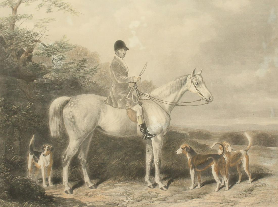An Engraving by Edward Hacker after W & H Barraud of a: An Engraving by Edward Hacker after W & H Barraud of a huntsman on his horse with hounds, engraving, inscribed, 14.5" x 19", in a bird's eye maple frame.