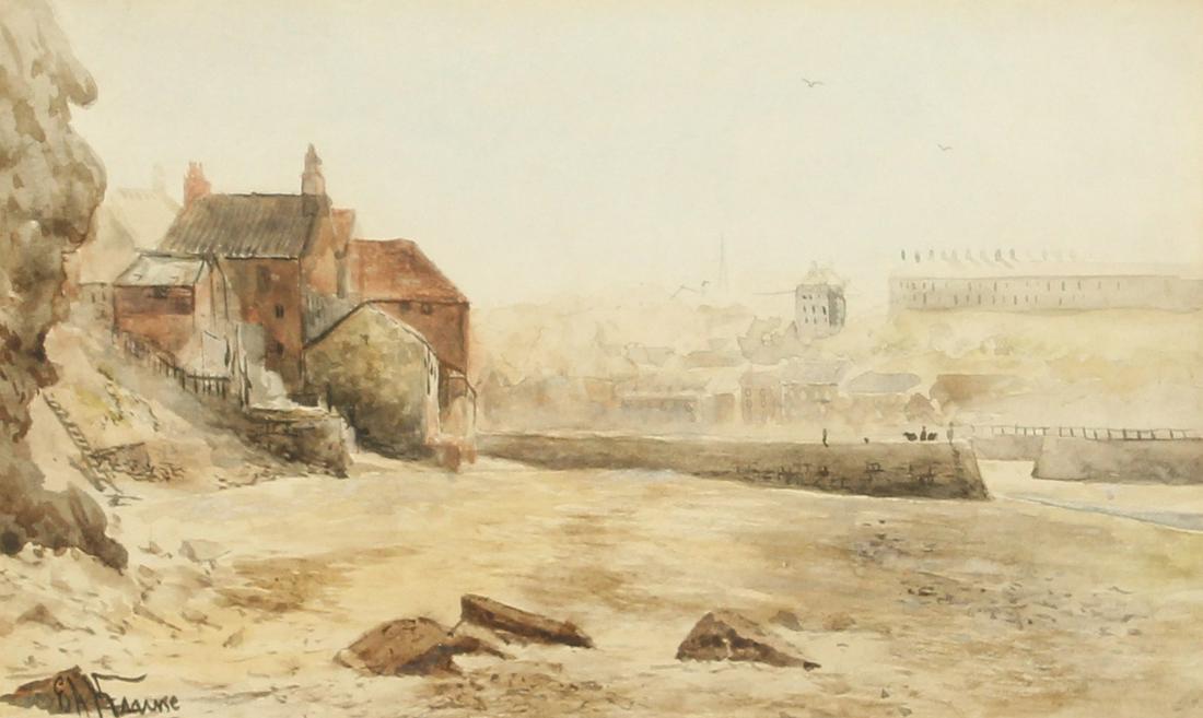 Emile Axel Krause (1871-1945) British, a scene of a: Emile Axel Krause (1871-1945) British, a scene of a harbour entrance, with a town beyond, watercolour, signed 5.25 x 8.5 .