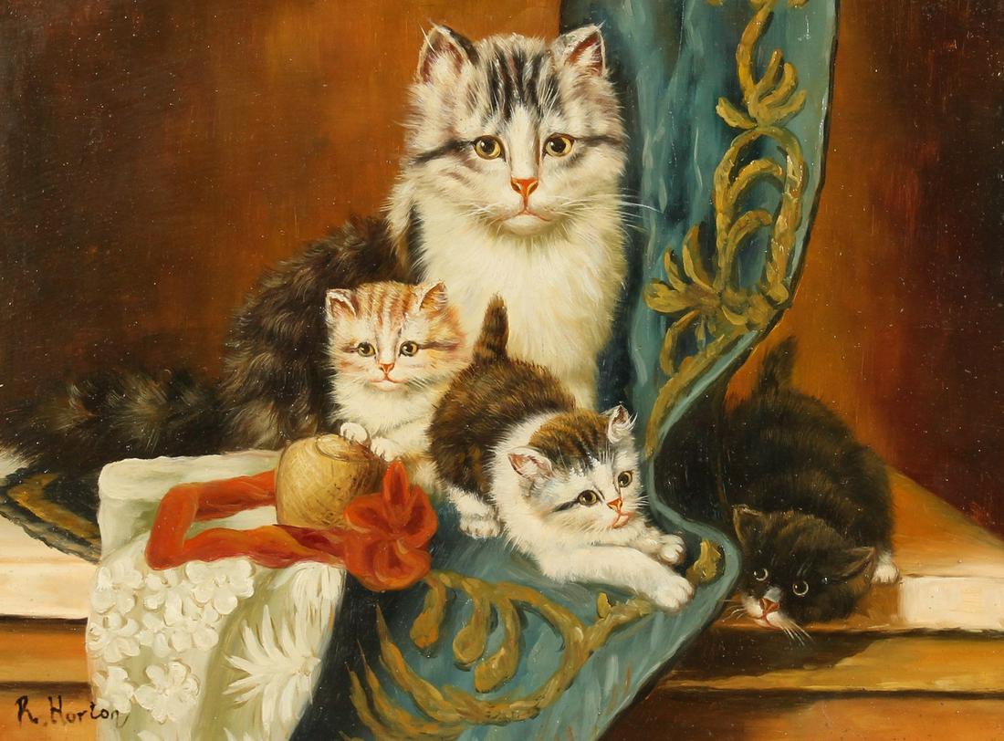 R. Horton, a cat with her kittens on a tabletop, oil on: R. Horton, a cat with her kittens on a tabletop, oil on panel, signed, 12 x 16 .