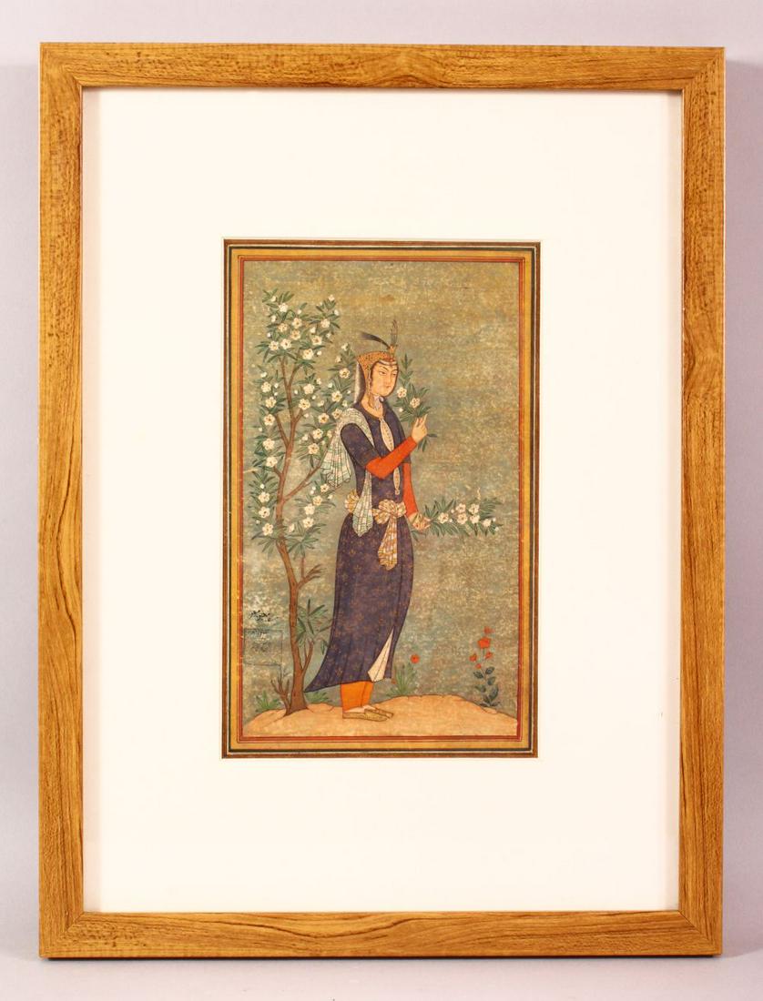 A FINE 16TH CENTURY PERSIAN SIGNED MINIATURE PAINTING -: A FINE 16TH CENTURY PERSIAN SIGNED MINIATURE PAINTING - SIGNED MO'EN MOSAVVER - the painting depicting a figure in a garden setting, with a seal mark and signature, newly mounted and framed 40cm x 30c