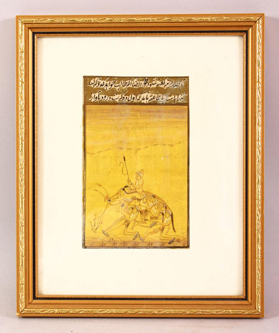 A FRAMED INDIAN MUGHAL MINIATURE PAINTING OF EROTIC: A FRAMED INDIAN MUGHAL MINIATURE PAINTING OF EROTIC NATURE, the picture depicting many figures in erotic pose simulating a figure upon horseback,, with upper calligraphy script, framed, 28cm x 23cm