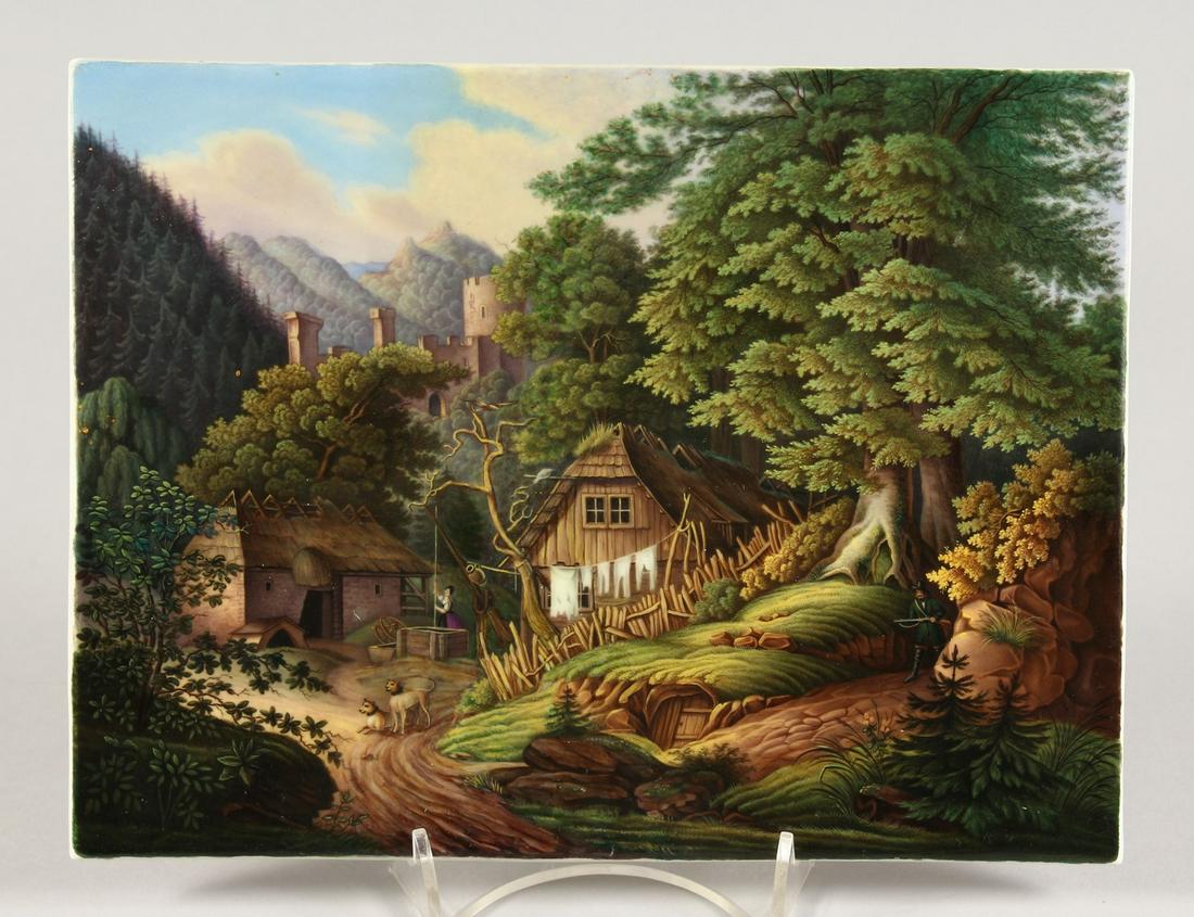 A GOOD K. P. M. PORCELAIN PLAQUE, rural scene, a woman: A GOOD K. P. M. PORCELAIN PLAQUE, rural scene, a woman hanging out the washing, a castle amidst the trees. 7.5ins x 9.5ins