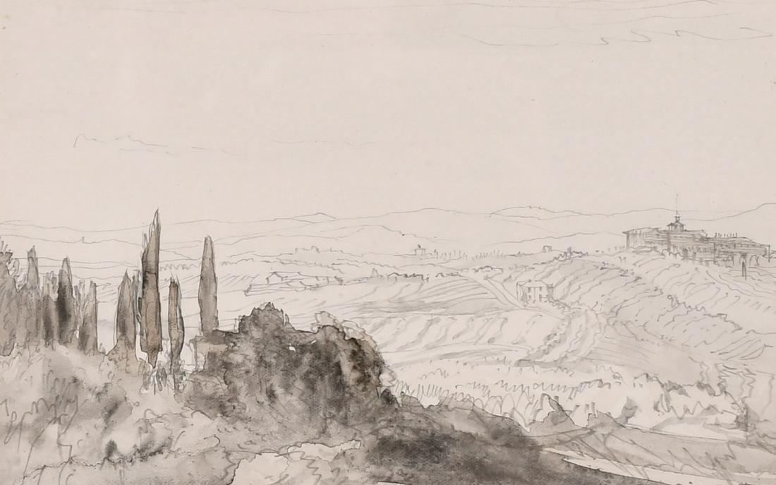 Muirhead Bone, 'From Sienna Walls', pencil and wash,: Muirhead Bone, 'From Sienna Walls', pencil and wash, inscribed, 4.5" x 7", Provenance: T & R Annan & Sons, Glasgow.