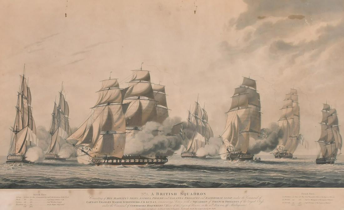 William Beechey After Thomas Whitcombe, A set of 4: William Beechey After Thomas Whitcombe, A set of 4 hand-coloured aquatints of naval engagements off Madagascar, 15.25" x 24.75", (4).