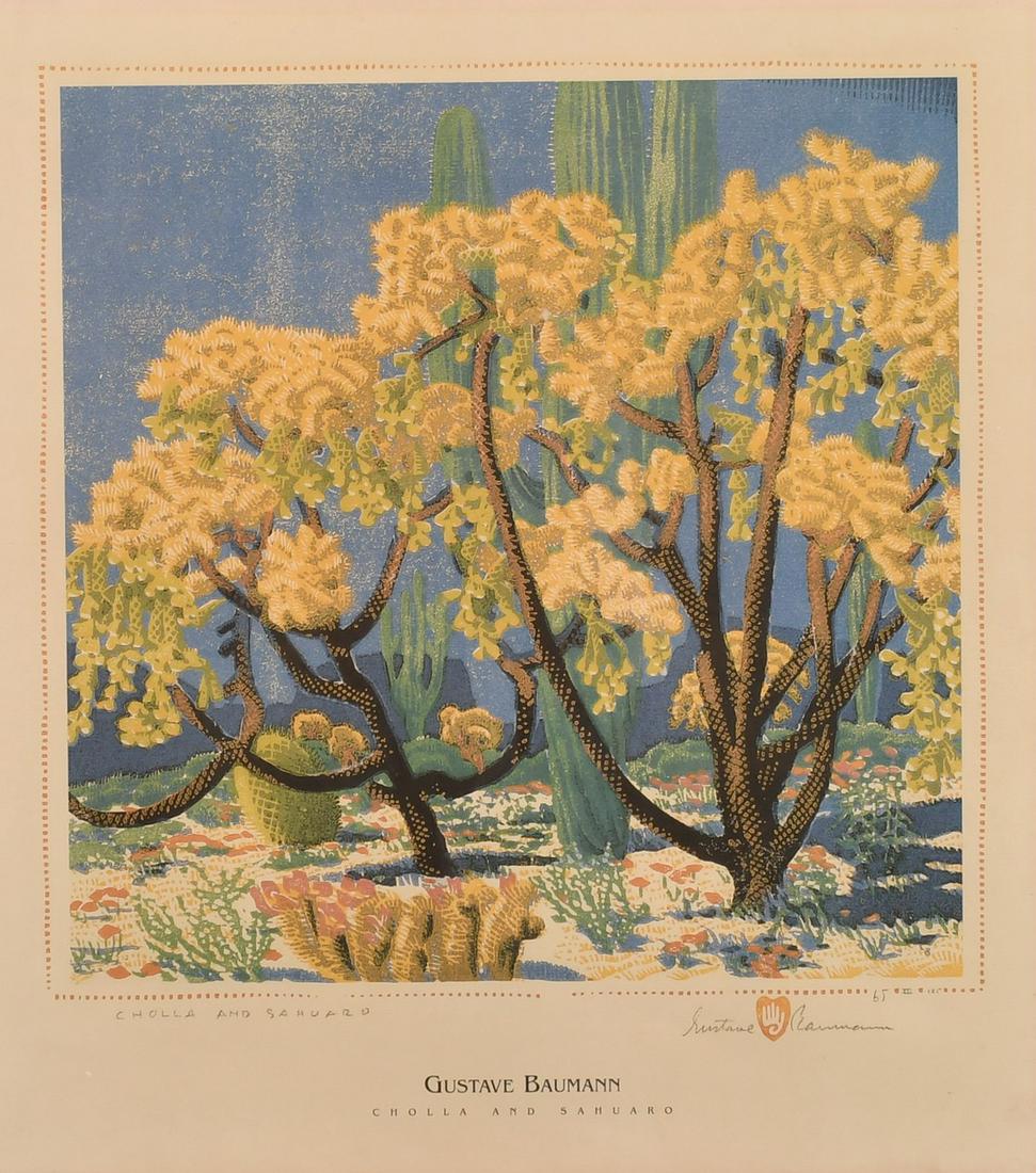 After Gustave Baumann, 'Cholla and Sahuaro', colour: After Gustave Baumann, 'Cholla and Sahuaro', colour print (1995), 19.25" x 17.75".
