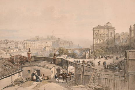 William Leighton Leitch (1804-1883) British, Two views: William Leighton Leitch (1804-1883) British, Two views of Edinburgh, hand-coloured lithographs, both 10.25" x 15.25" and a lithograph of Hastings by H.D. Harding, 10.5" x 14.75", (3).