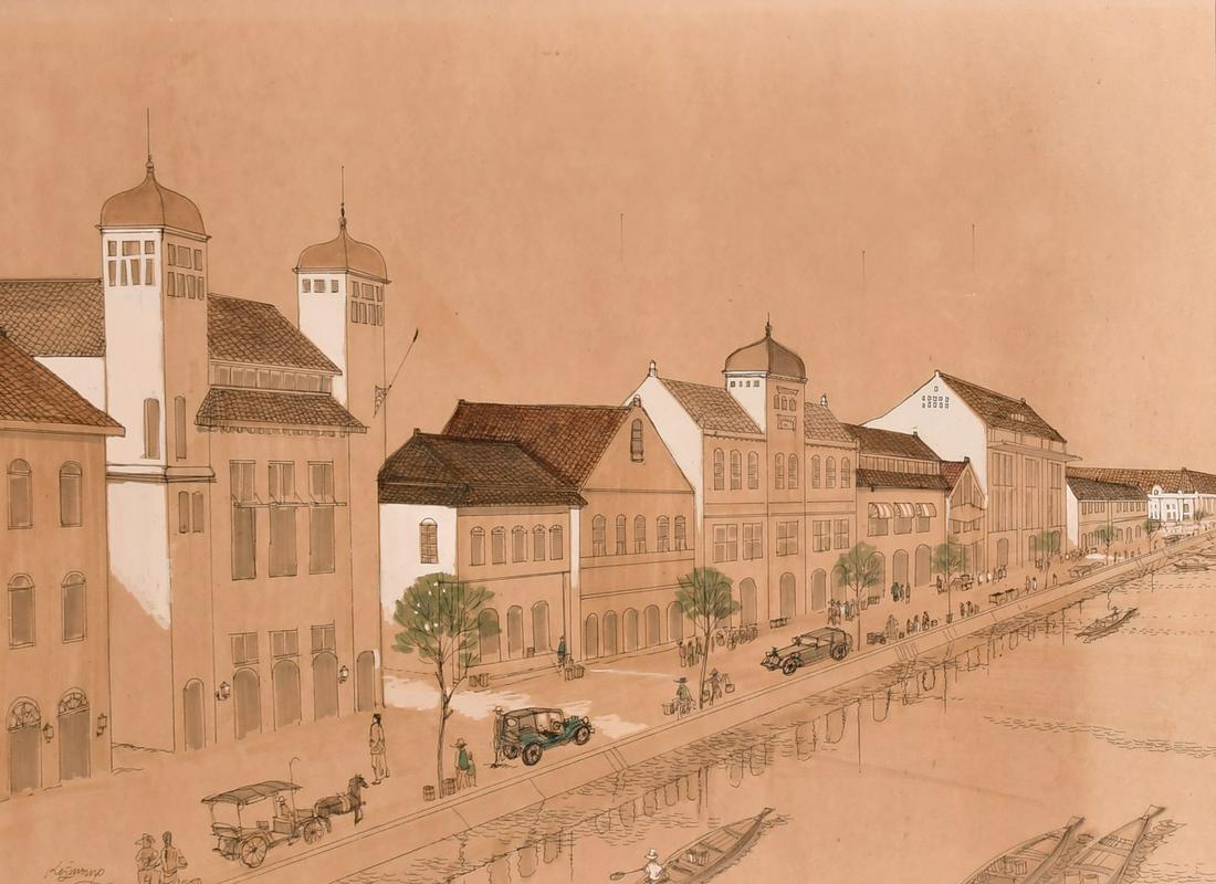 Indian street scene, 'Kalibesar Barat 1912' pen and ink (1 of 4)