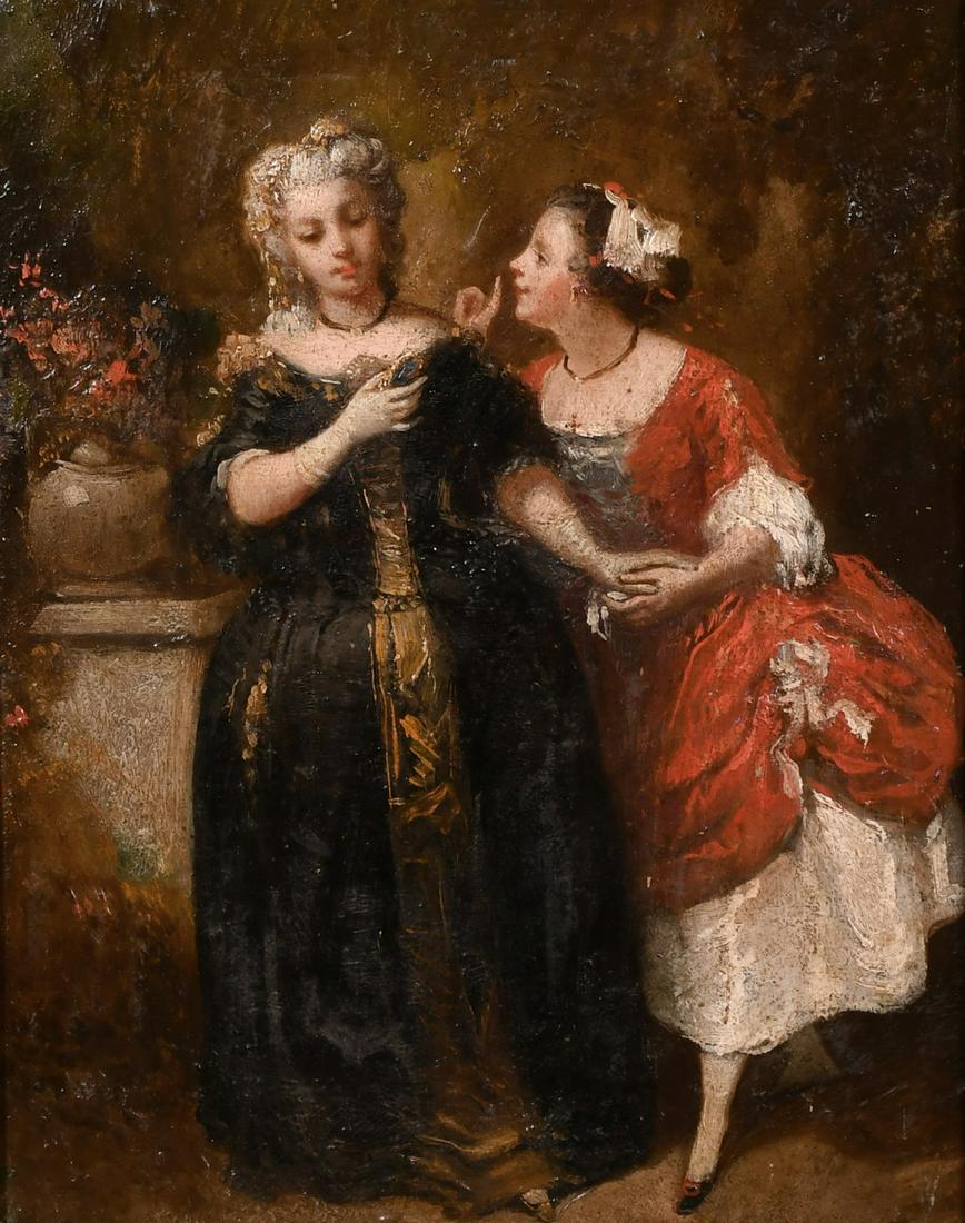 Circle of Victor Gabriel Gilbert (1847-1935) French,: Circle of Victor Gabriel Gilbert (1847-1935) French, 'The Secret', Two ladies conversing in a formal garden, oil on canvas, laid down, 13.5" x 10".