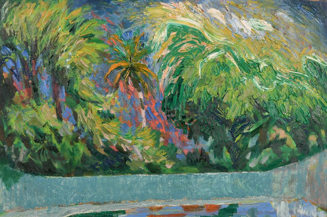 Jonathan Adams (1931-2005) British, 'Hati landscape: Jonathan Adams (1931-2005) British, 'Hati landscape 1983', oil on board, 19.5" x 29.5".