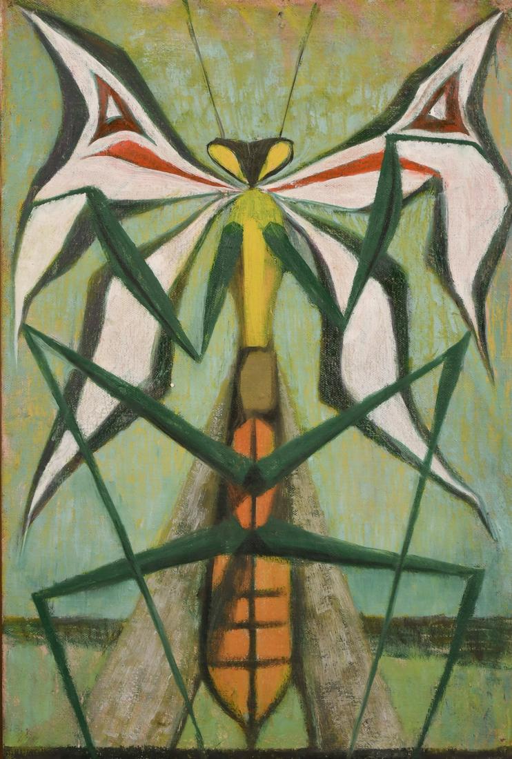Jonathan Adams (1931-2005) British, Praying Mantis: Jonathan Adams (1931-2005) British, Praying Mantis 1950, oil on board, 17.5" x 11.75".