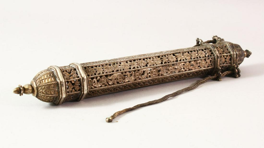 A JEWISH JUDAICA WHITE METAL OPENWORK SCROLL HOLDER,: A JEWISH JUDAICA WHITE METAL OPENWORK SCROLL HOLDER, with open work floral decoration, with a removing lid accompanied by chains, 33cm