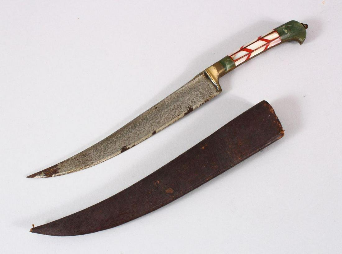 A 19TH CENTURY INDIAN DAGGER with jade and mother of (1 of 3)