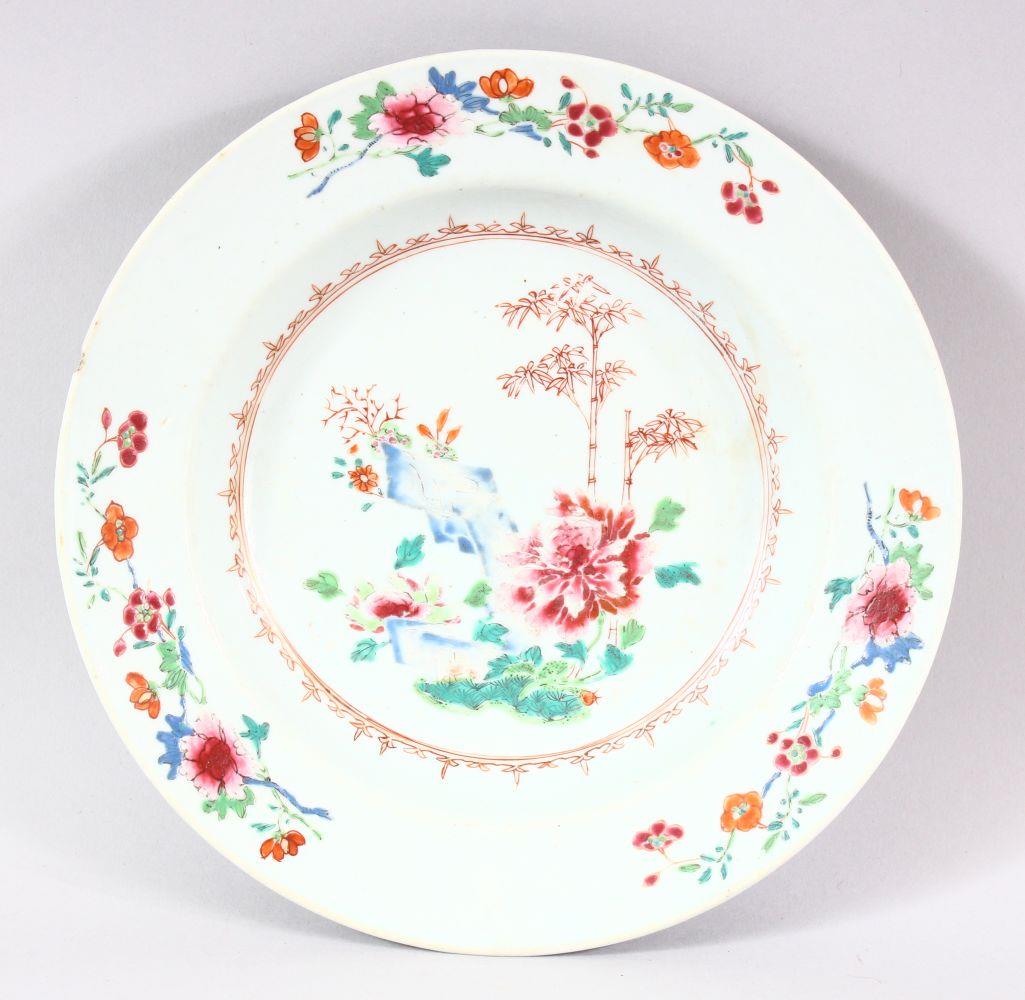 A CHINESE QIANLONG PERIOD FAMILLE ROSE PORCELAIN DISH -: A CHINESE QIANLONG PERIOD FAMILLE ROSE PORCELAIN DISH - decorated with native rocky landscapes with bamboo -23cm