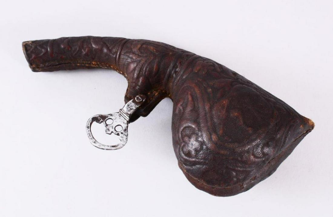 A GOOD 19TH CENTURY PERSIAN LEATHER POWDER FLASK, with (1 of 5)
