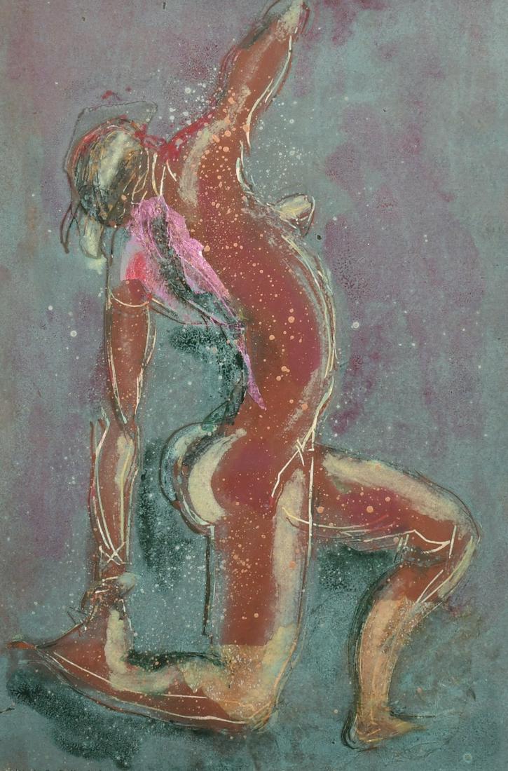 Alison Milner-Gulland, a kneeling female nude, mixed: Alison Milner-Gulland, a kneeling female nude, mixed technique over a print base, 14" x 9.5".
