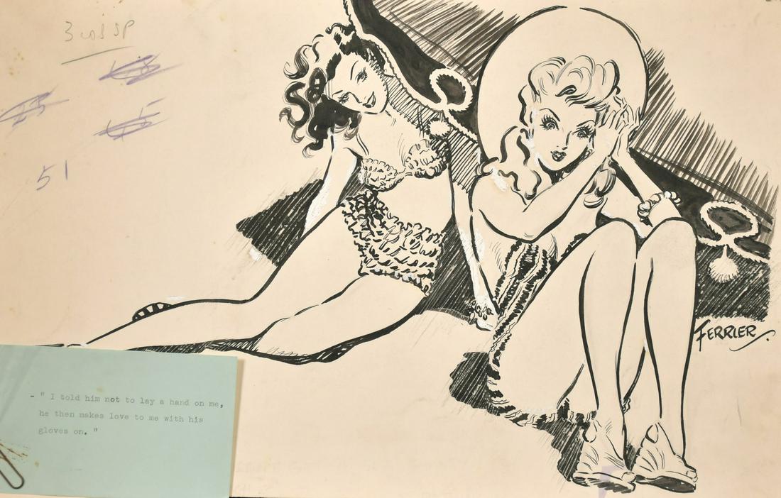 Arthur Ferrier (1891-1973) British, 'I told him not to: Arthur Ferrier (1891-1973) British, 'I told him not to lay a hand on me, he then makes love to me with his gloves on.', ink and bodycolour, signed, 10.5" x 16.5".