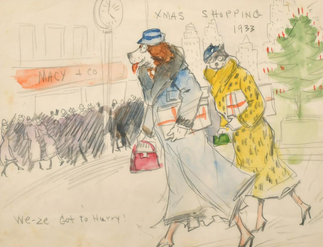 Edward Cucuel (1875-1954) American, 'Xmas Shopping: Edward Cucuel (1875-1954) American, 'Xmas Shopping 1933, We-ze Got to Hurry', pencil and watercolour, 8" x 10.5".