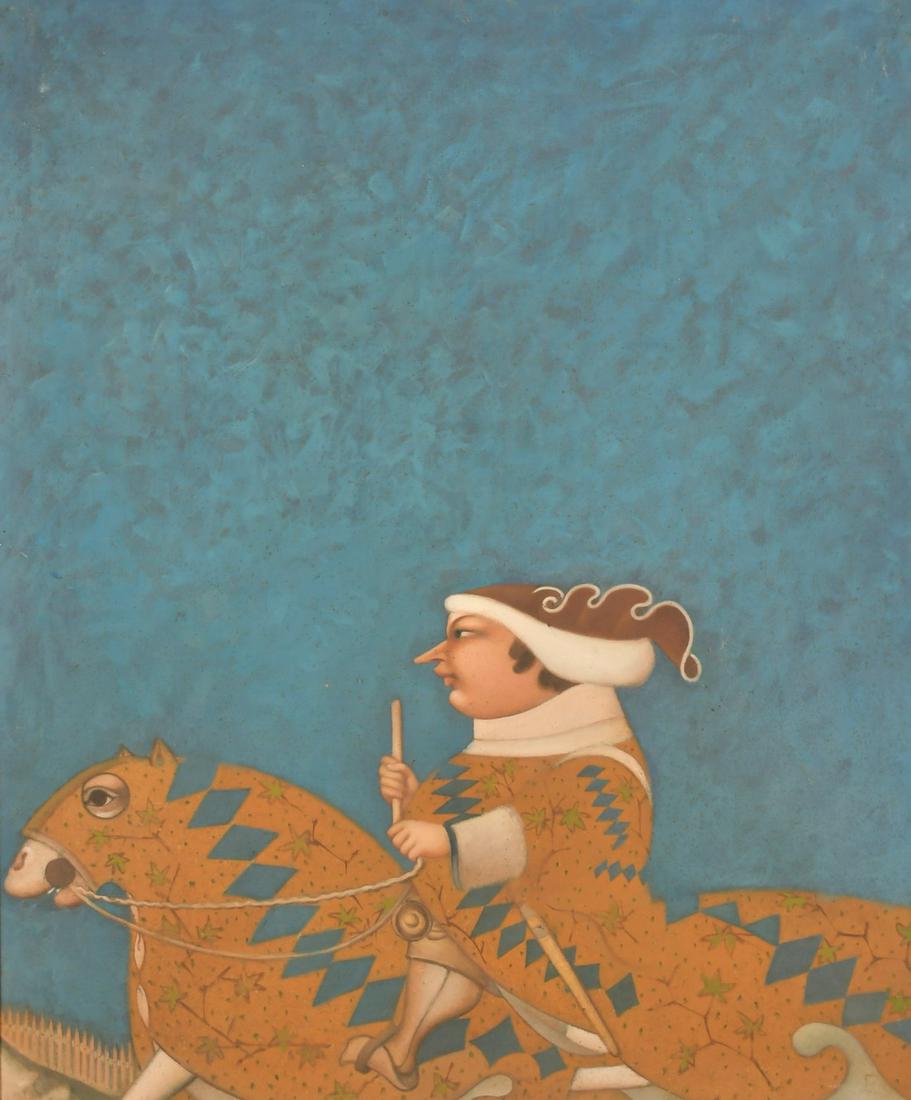 Manuel Avedan (b. 1929), 'Caballero, d'Apres Simone: Manuel Avedan (b. 1929), 'Caballero, d'Apres Simone Martini', gentleman on a horse, oil on canvas, signed and inscribed verso, 25.5" x 21.5".