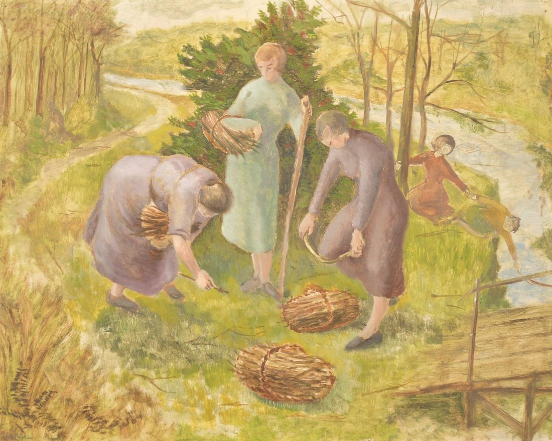 Circle of Reginald Brill, Women gathering wood along: Circle of Reginald Brill, Women gathering wood along the river, oil on paper, inscribed 26th Sept, 12.5" x 15.75", (unframed).