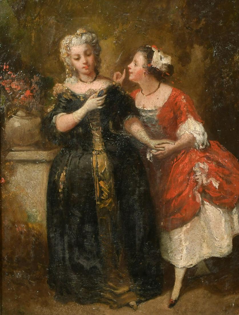 Circle of Victor Gabriel Gilbert (1847-1935) French,: Circle of Victor Gabriel Gilbert (1847-1935) French, 'The Secret', Two ladies conversing in a formal garden, oil on canvas, laid down, 13.5" x 10".