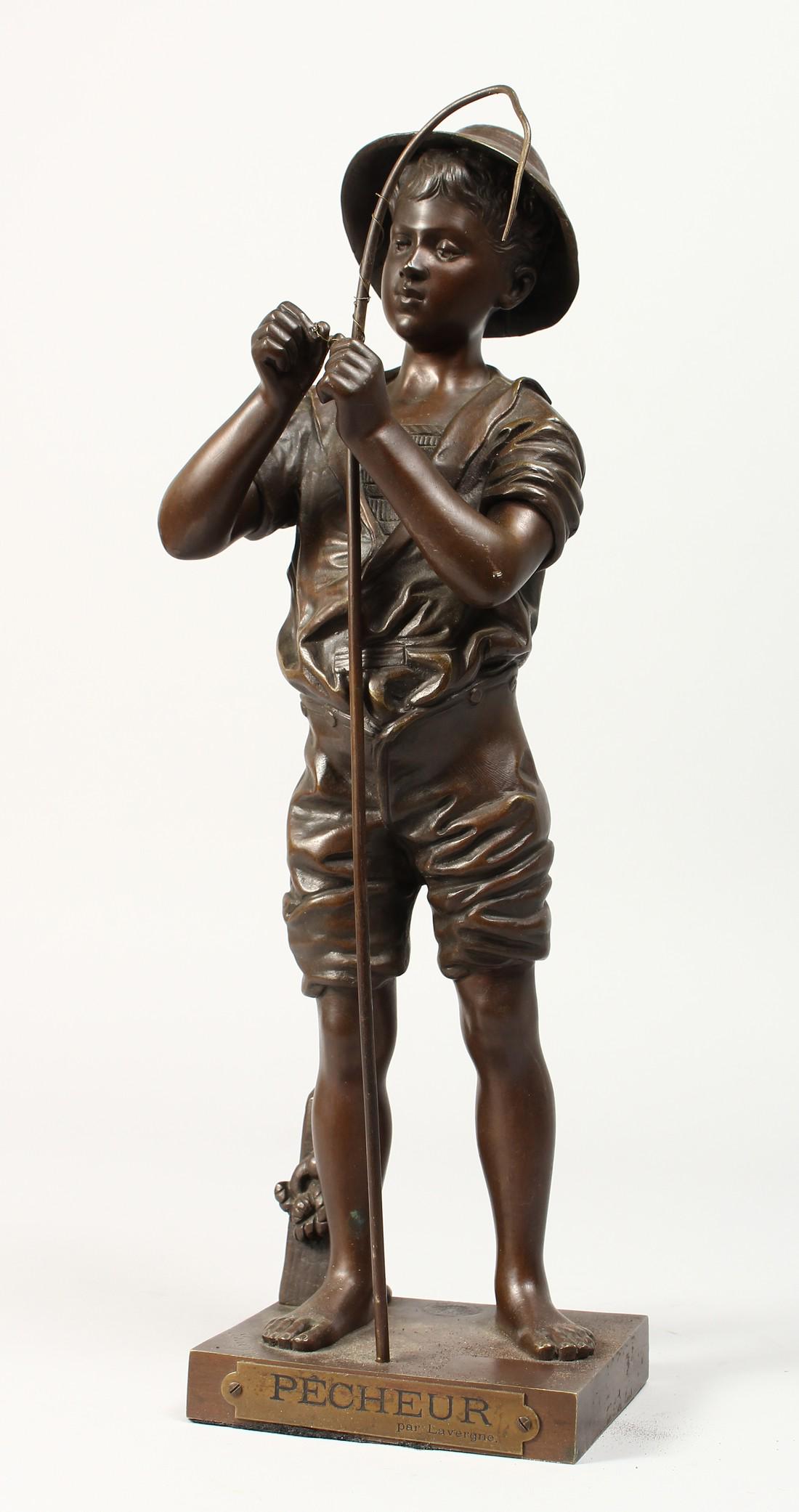 ADOLPHE JEAN LAVERGNE (ACTIVE 1863-1928) A BRONZE BOY: ADOLPHE JEAN LAVERGNE (ACTIVE 1863-1928) A BRONZE BOY with a fishing rod "PECHEUR". Signed. 15.5ins high.
