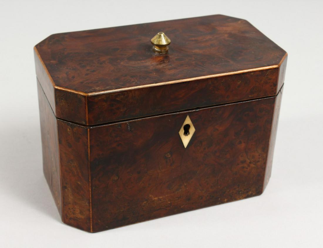 A GEORGE III AMBOYNA TEA CADDY, the hinged lid: A GEORGE III AMBOYNA TEA CADDY, the hinged lid enclosing two compartments. 7ins wide.