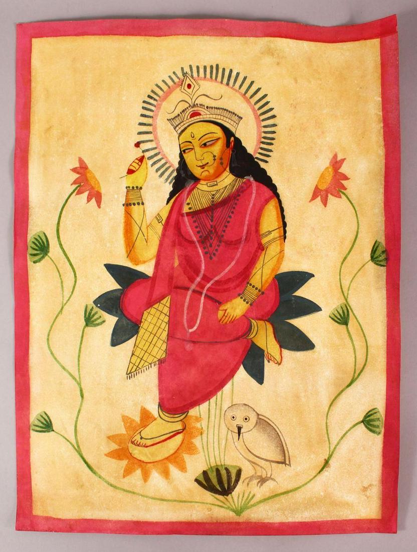 AN INDIAN KALIGHAT SCHOOL PAINTING OF GODDESS LAKSHMI: AN INDIAN KALIGHAT SCHOOL PAINTING OF GODDESS LAKSHMI on paper, 1920s, unframed, 50cm x 38cm.