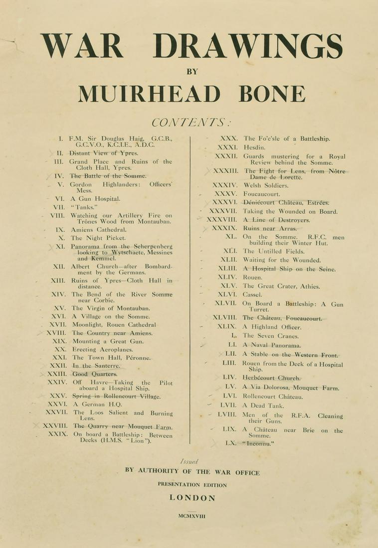 War Drawings by Muirhead Bone, Presentation Edition: War Drawings by Muirhead Bone, Presentation Edition issued by the War Office, cover missing and some pages missing.