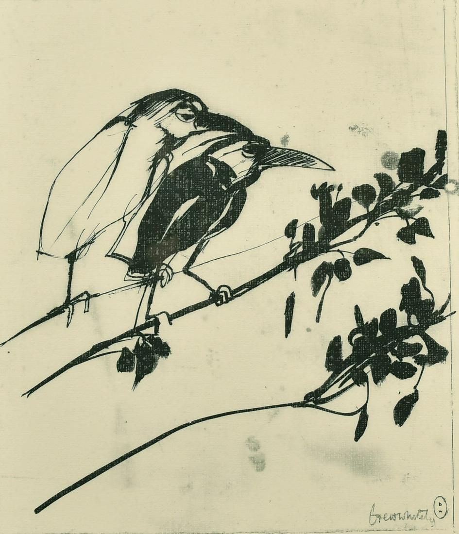 After Brett Whiteley, Australian, two birds on a: After Brett Whiteley, Australian, two birds on a branch, print, 13" x 10".