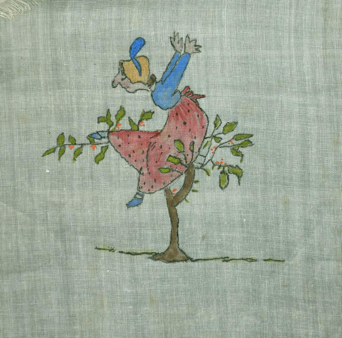 A set of six of characters from Edward Lear limericks,: A set of six of characters from Edward Lear limericks, watercolours on fabric, each 7" x 7", (unframed) (6).