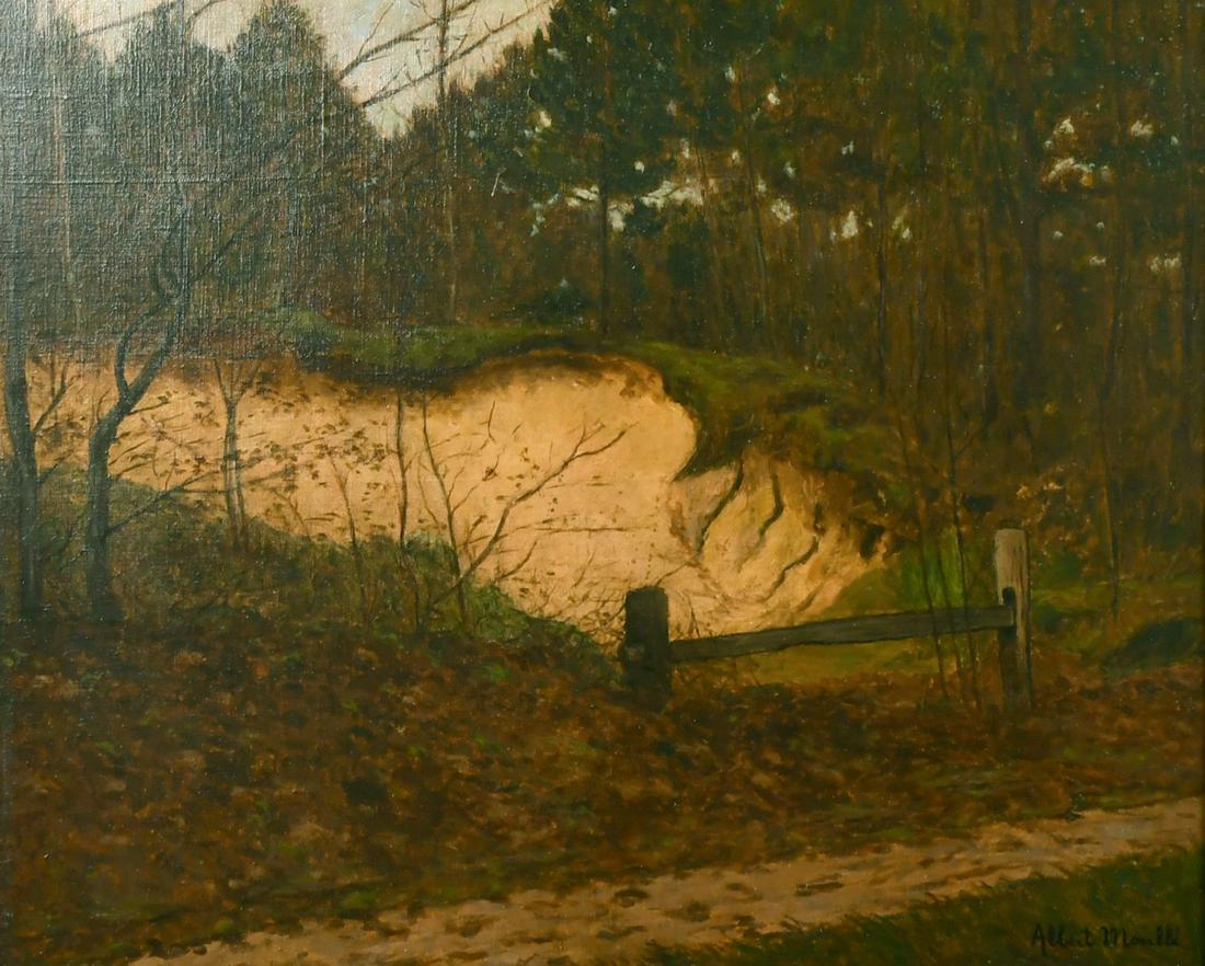Albert Moulle (b.1861) French, a track through a wood,: Albert Moulle (b.1861) French, a track through a wood, oil on canvas, signed, 18" x 21.5".