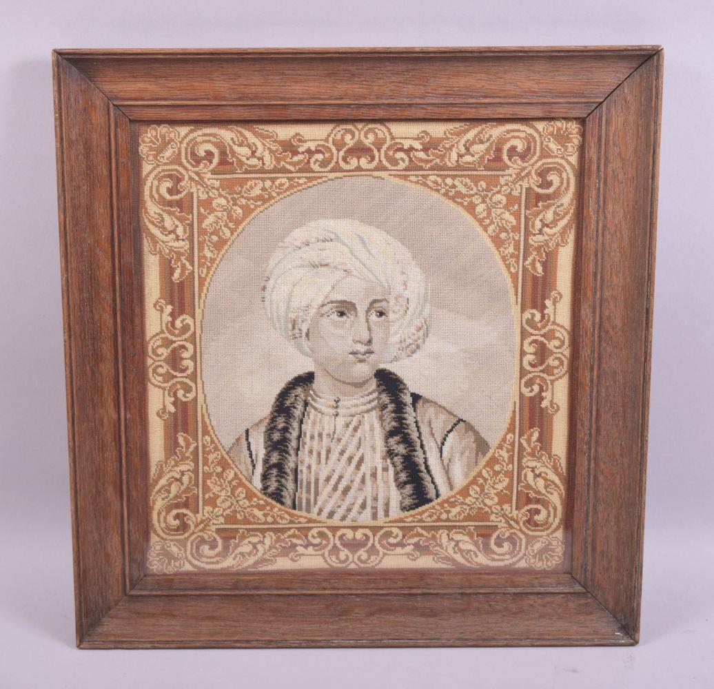 A WOOLWORK TAPESTRY BUST LENGTH PORTRAIT of a male Arab (1 of 2)