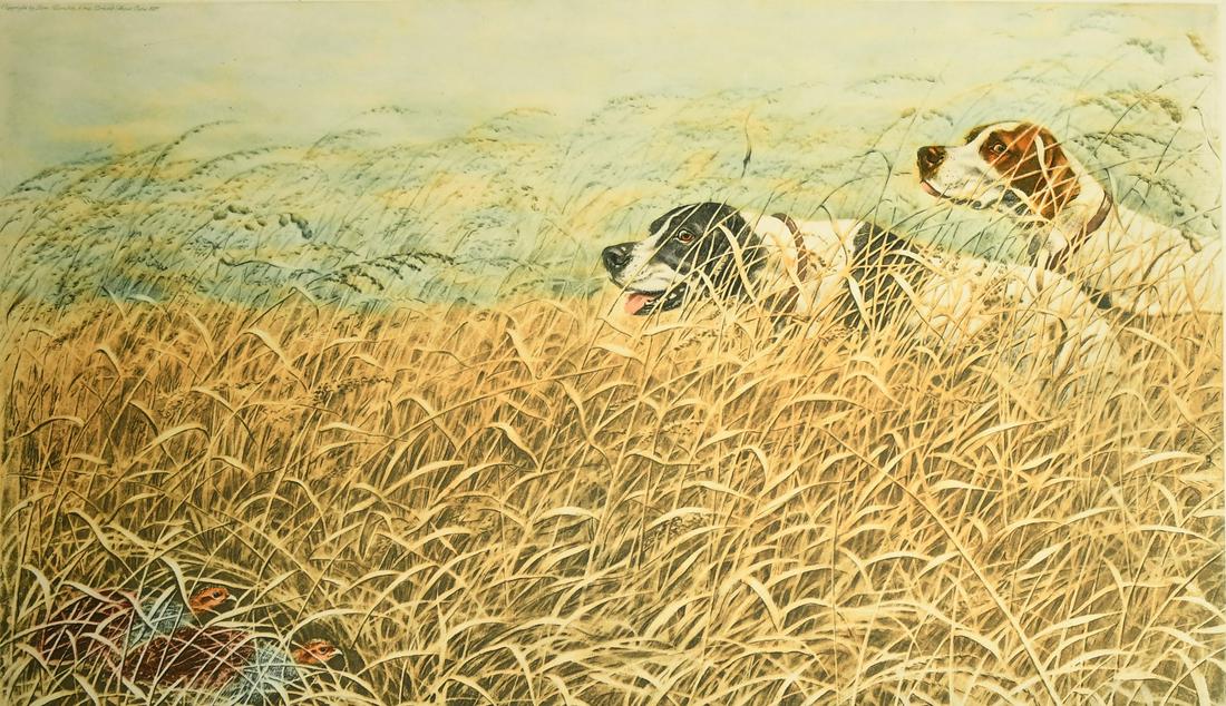 Leon Danchin, colour etching of Pointer dogs, signed in: Leon Danchin, colour etching of Pointer dogs, signed in pencil, 13.5" x 23" and a colour mezzotint by Lawrence Josset after Herring 16" x 21", (unframed) (2).