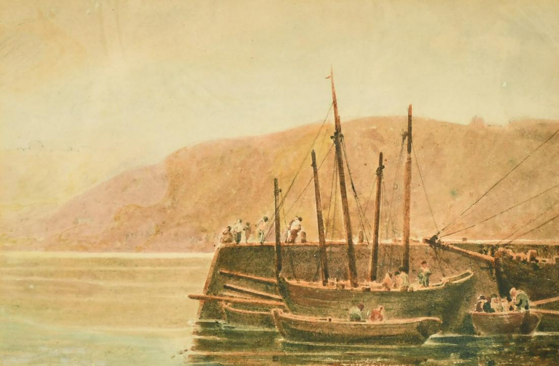 Attributed to John Varley (1778-1842) The end of the: Attributed to John Varley (1778-1842) The end of the Cobb, Lyme Regis, watercolour with scratching out, signed and titled verso, 4.75" x 7".