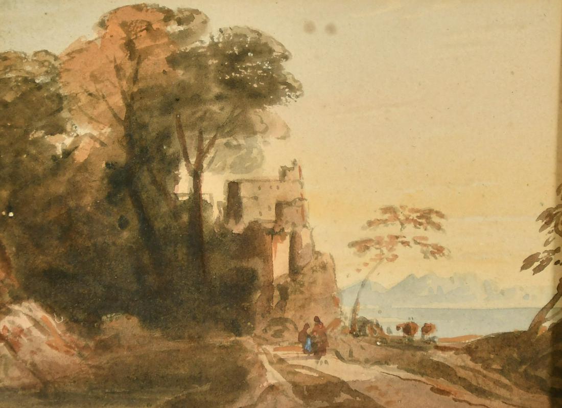 John Varley O.W.S. (1778-1842) A coastal castle with: John Varley O.W.S. (1778-1842) A coastal castle with travelers on a road, watercolour, 4" x 6", (unframed).