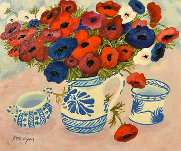 After Pierre Boncompain, A still life of Anemones in a: After Pierre Boncompain, A still life of Anemones in a blue and white jug, oil on canvas, bears signature, 17.75" x 21.25".