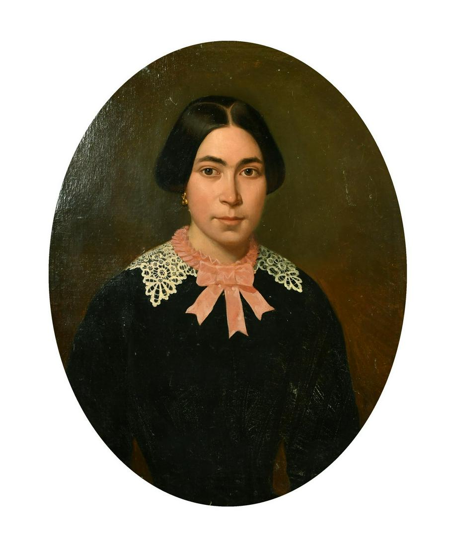 19th Century Continental School, a half-length portrait: 19th Century Continental School, a half-length portrait of a lady, oil on canvas, framed as an oval, 29" x 30".