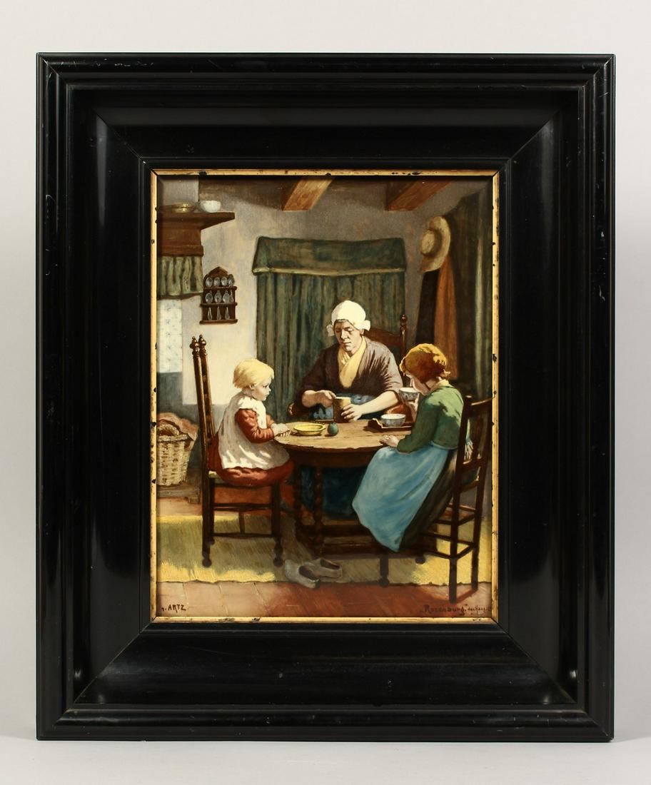 ROZENBURG A FRAMED PORCELAIN PLAQUE, mother and: ROZENBURG A FRAMED PORCELAIN PLAQUE, mother and children sitting at a table having tea. Signed ARTZ 12ins x 9ins.