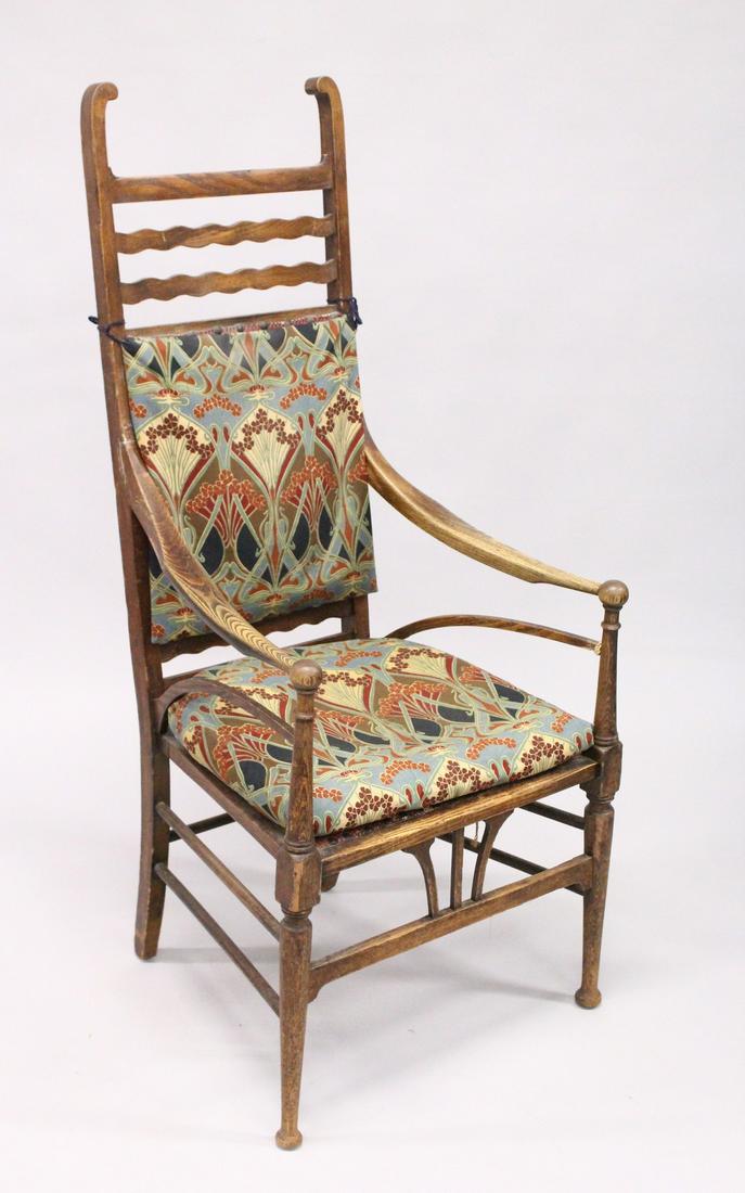 A GOOD LIBERTY RUSTIC ARM CHAIR with Liberty print: A GOOD LIBERTY RUSTIC ARM CHAIR with Liberty print padded back and seat.