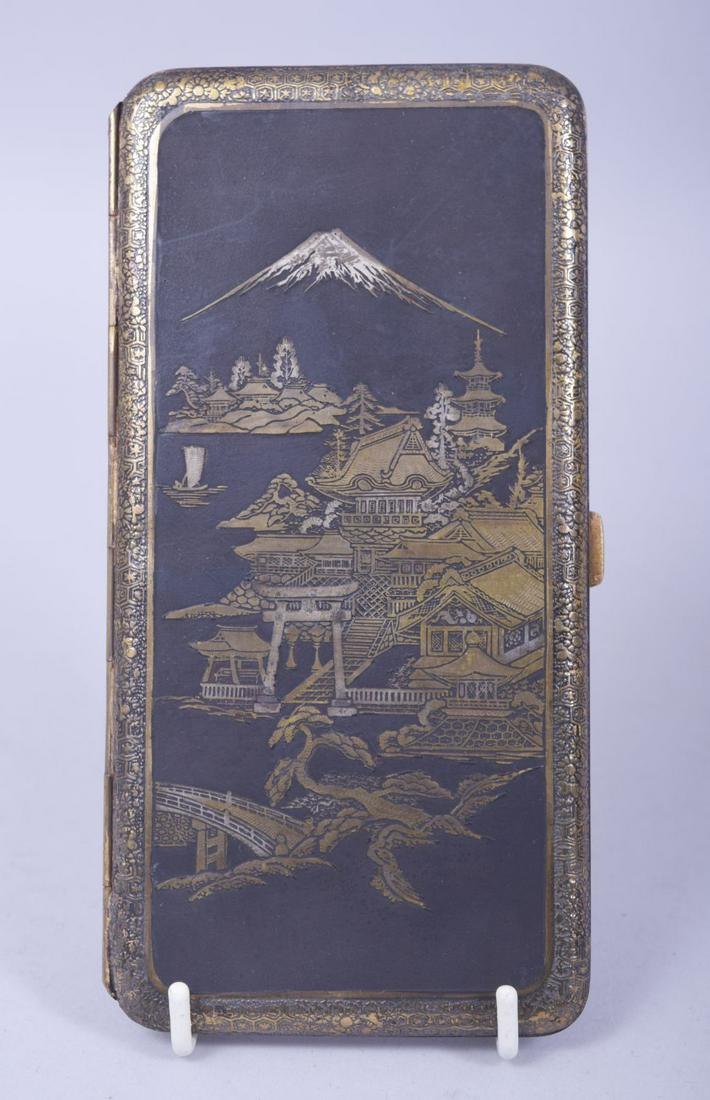 A JAPANESE DAMASCENED MIXED METAL CIGARETTE CASE, with (1 of 3)