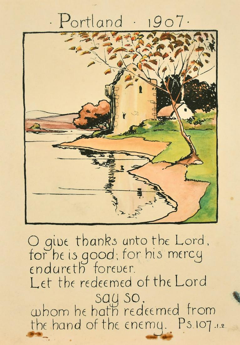 Circle of Jack Butler Yeats, A broadside type watercolour with religious text below, 10" x 7.75". (1 of 3)