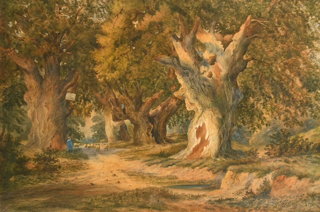J C Evans, circa 1866, a shepherd and his flock on a woodland path, watercolour, 23.5" x 35". (1 of 4)